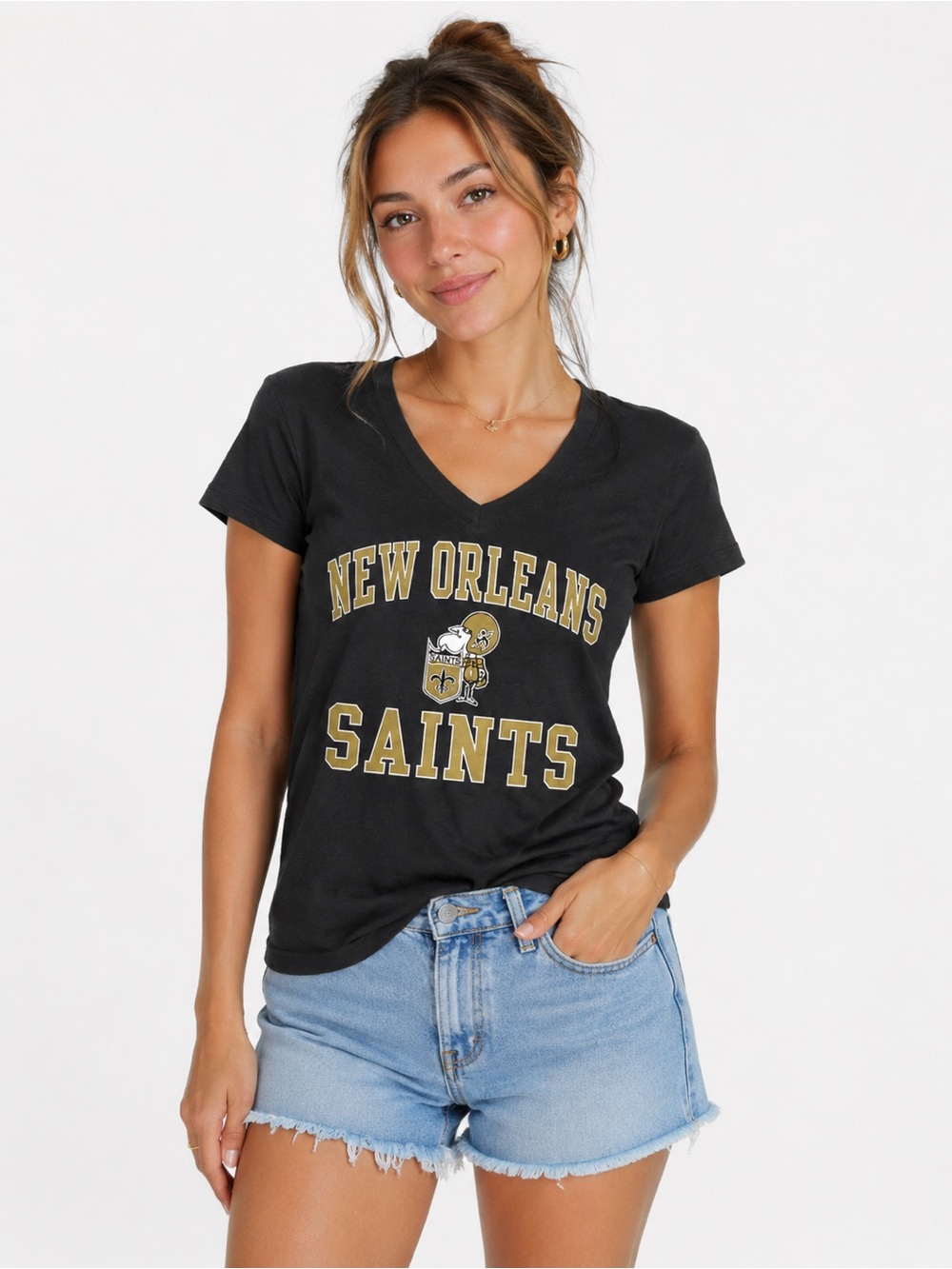 NFL New Orleans Saints Black V-Neck Tee with Gold Logo